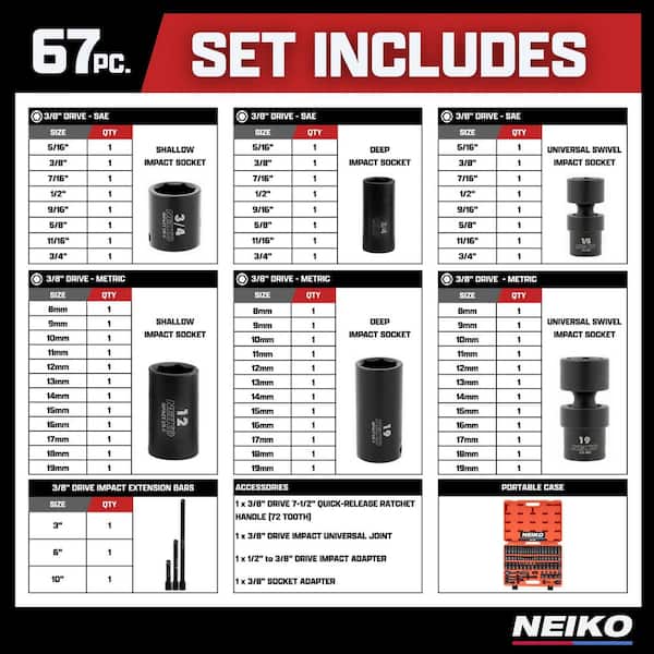 NEIKO 3/8 in. Drive SAE and Metric 6-Point Deep Impact Socket Set