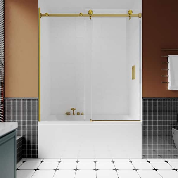 UKS05 56 to 60 in. W x 66 in. H U-Channel Frameless Sliding Tub Door in Satin Brass with EnduroShield 3/8" Clear Glass