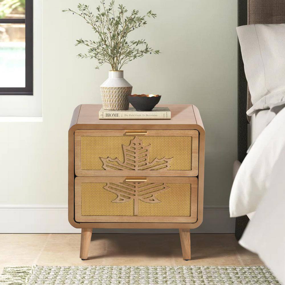 14.01 in. Natural Brown Rectangle MDF End Table with 2-Drawers