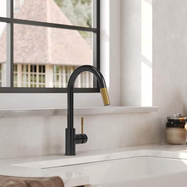 16 in. H 360° Swivel Pull Down Sprayer Kitchen Faucet 2-Sprayer Kitchen Faucet with Brass Rough-in Valve Black and Gold