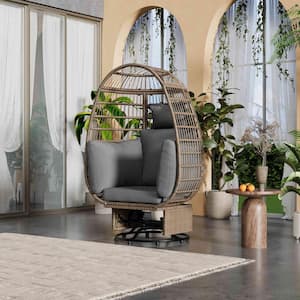 Natural Swivel Chair Wicker Outdoor Swivel Patio Egg Lounge Chair with Gray Cushion and 4 Pillows