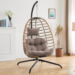 Yellow Wicker Patio Swing Hanging Egg Chair with Beige Cushion and Stand