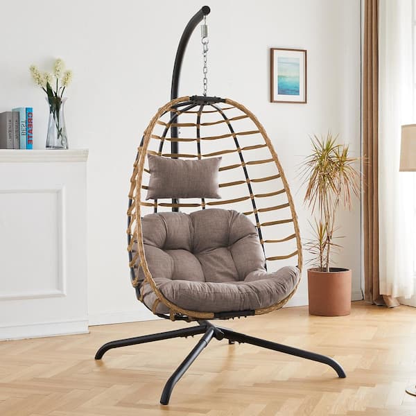 Pocassy Yellow Wicker Patio Swing Hanging Egg Chair with Beige Cushion and Stand