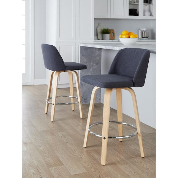 Toriano 25.5 in. Blue Fabric, Natural Wood and Chrome Metal Fixed-Height Counter Stool (Set of 2)