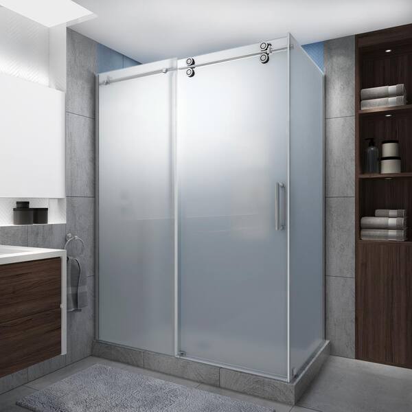 Aston Langham XL 52-56 in. x 30 in. x 80 in. Sliding Frameless Shower Enclosure Ultra-Bright Frosted Glass in Polished Chrome