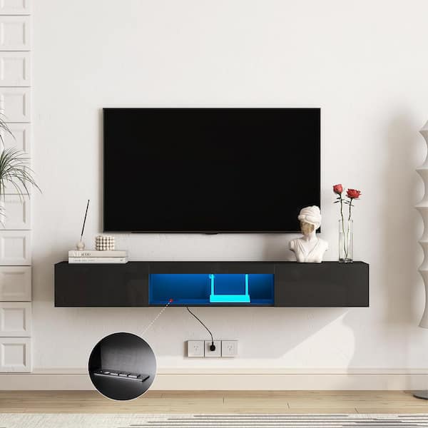 GOGEXX 63 in. Black MDF Floating TV Stand Wall Mount for 55/60/65