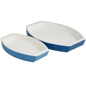 Blue Handmade Wood Distressed Two Toned Boat Decorative Tray (Set of 2)