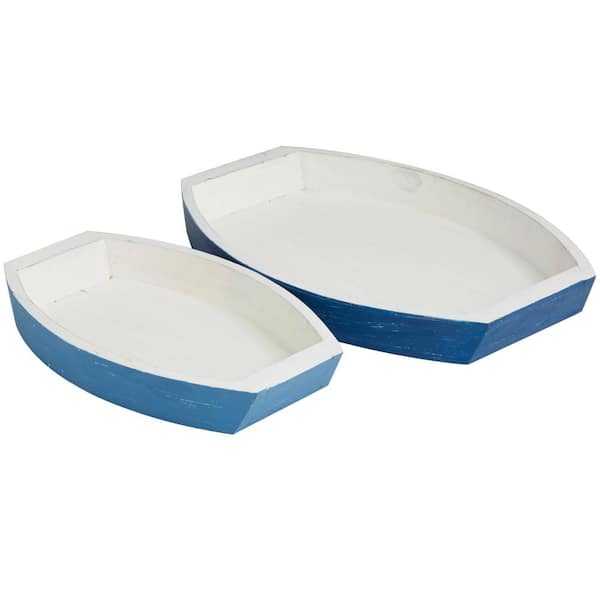 Litton Lane Blue Handmade Wood Distressed Two Toned Boat Decorative Tray (Set of 2)