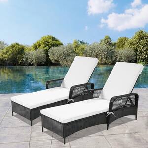 2-Piece Black Rattan Wicker Outdoor Patio Chaise Lounge with Adjustable Backrest Arm Chair with Cushion in Beige