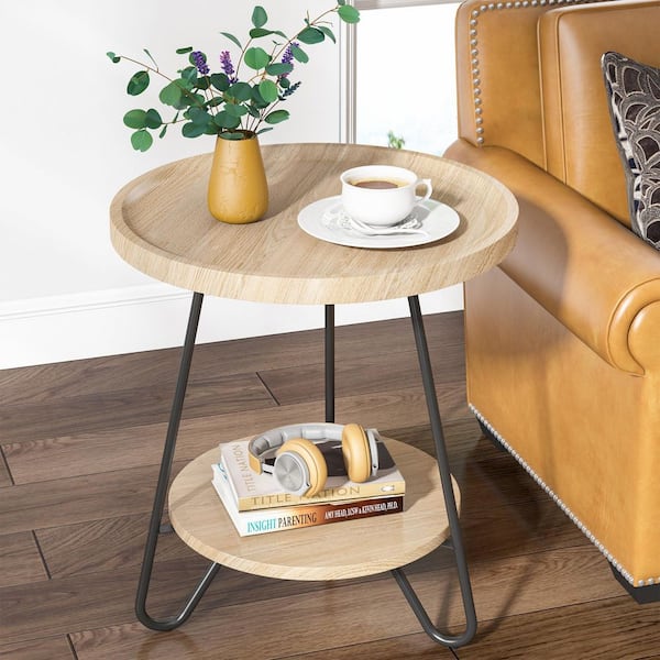TRIBESIGNS WAY TO ORIGIN Andrea 20 in. Wood Color Round Wood End Table with Metal Legs for Living Room Bedroom 2-Pieces