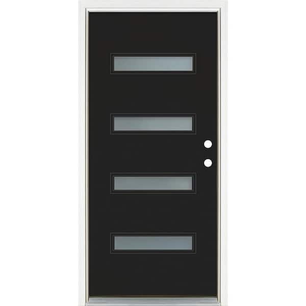 MP Doors 36 in. x 80 in. Left-Hand Inswing 4-Lite Frosted Glass Black Painted Fiberglass Prehung Front Door