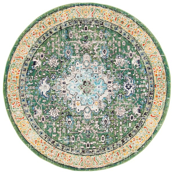 SAFAVIEH Madison Green/Turquoise 5 ft. x 5 ft. Border Geometric Floral Medallion Round Area Rug