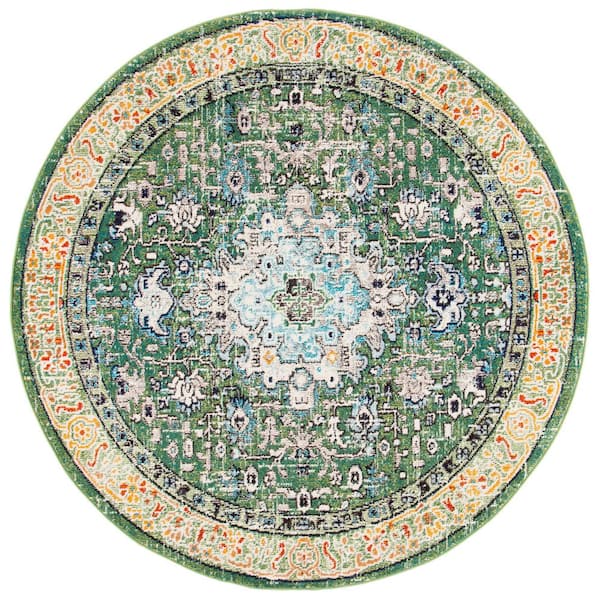 SAFAVIEH Madison Green/Turquoise 7 ft. x 7 ft. Border Geometric Floral Medallion Round Area Rug