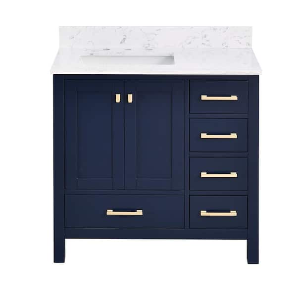 YASINU Mabelle 36 in. W x 22 in. D Left Sink Freestanding Bath Vanity in Navy Blue with Belly White Cultured Marble Top