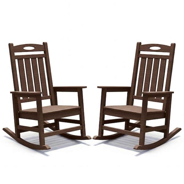 HDPE Patio Rocking Chair Set of 2 Plastic Outdoor Rocking Chair for Adults Brown Oversized Outdoor Rocker for Porch Lawn