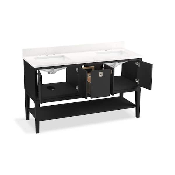 KOHLER Seagrove 61in. Double Sink Freestanding Ferrous Grey Bath Vanity with White Quartz Top Assembled