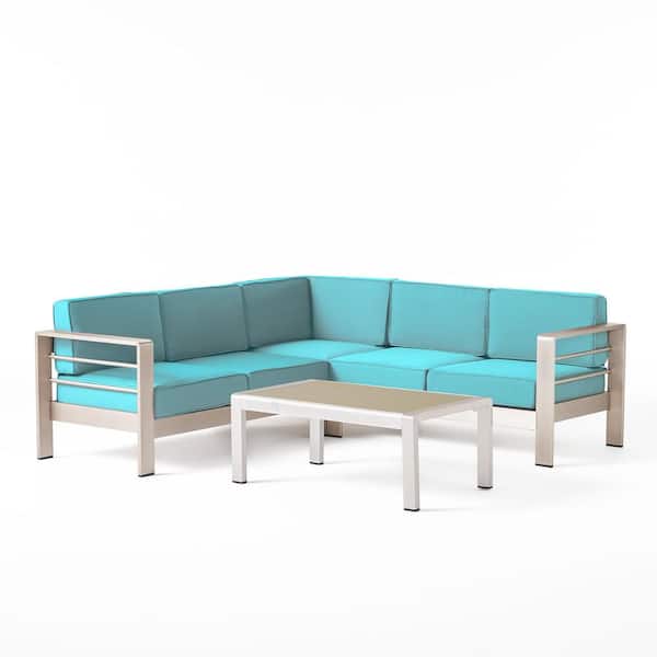 Noble House Cape Coral Silver 4-Piece Metal Patio Sectional Seating Set with Canvas Aruba Sunbrella Cushions