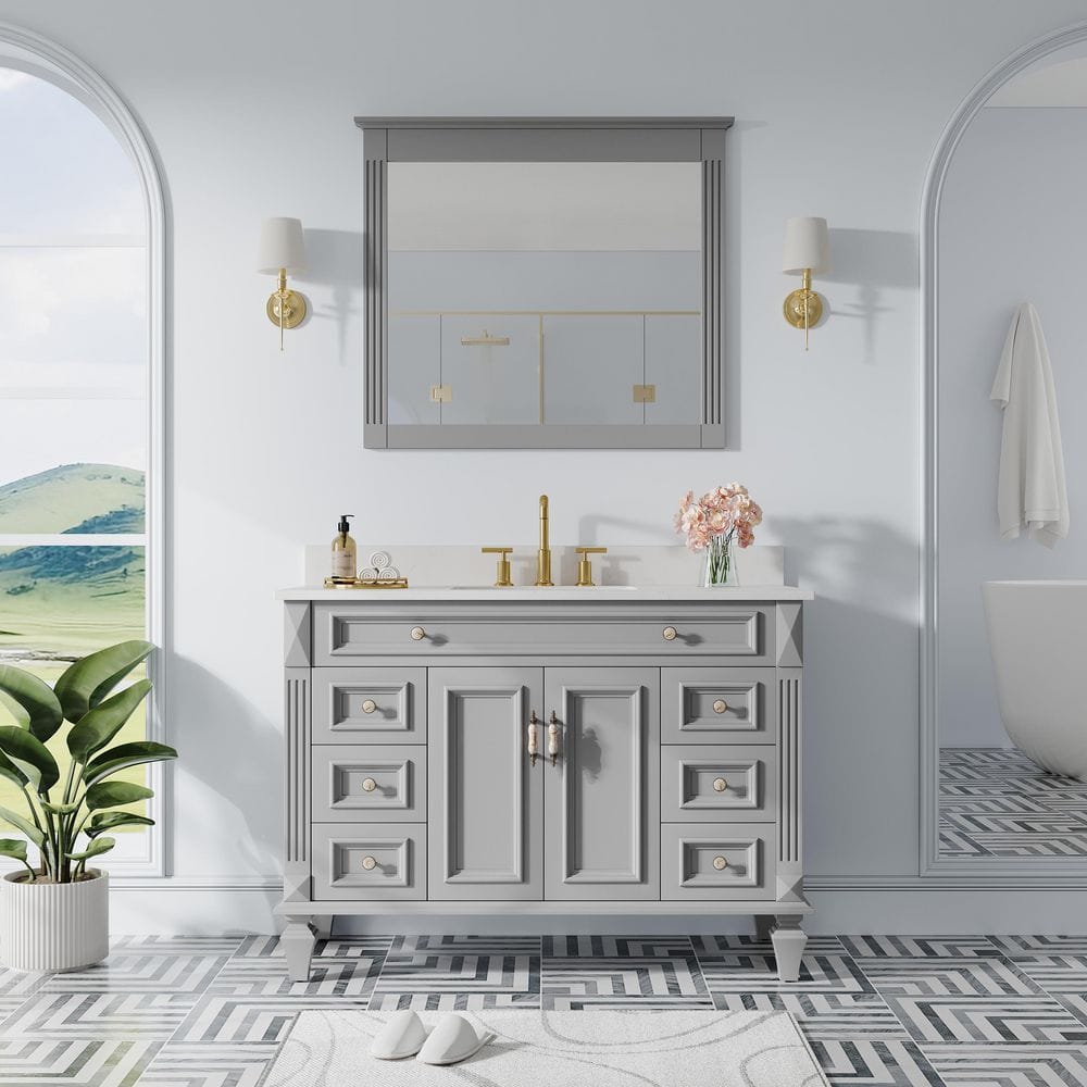 48 in. W Single Sink Solid Wood Bath Vanity in Titanium Grey w/ Carrara White Stain-Resistant Quartz Top,38 in. W Mirror price history on PriceWatchPro