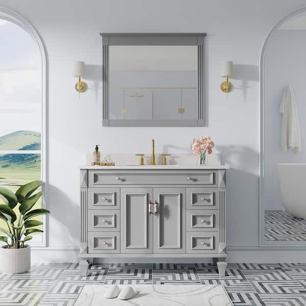 ANGELES HOME 48 in. W Single Sink Solid Wood Bath Vanity in Titanium Grey w/ Carrara White Stain-Resistant Quartz Top,38 in. W Mirror