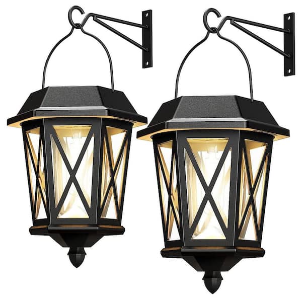 Outdoor Solar Lanterns Waterproof Hanging Lights with Glass Shade Black 2-Pack for Garden Patio Yard Wall Mount