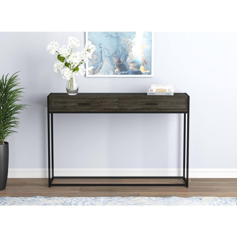 Modern Black Metal and Dark Grey Wood Console Table with Storage