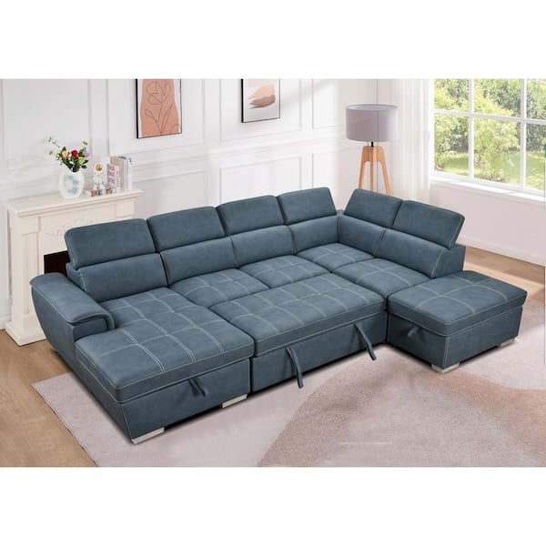 Evie Oversized 127 in. Faux Leather Convertible Sleeper Modular Sectional Sofa Bed in Blue with Storage, Ottoman