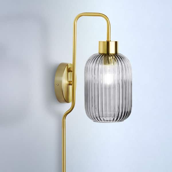 River of Goods Harlow 8.625 in. Brushed Gold-Colored Wall Sconce with Smoky Purple Globe-Shaped Glass Shade