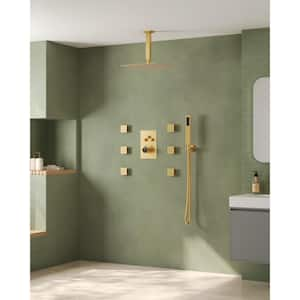 Luxury 7-Spray Patterns Thermostatic 12 in. Ceiling Mount Rainfall Dual Shower Heads with 6-Jet in Brushed Gold