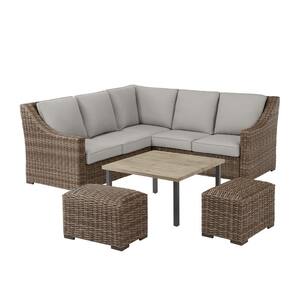 Rock Cliff 6-Piece Brown Wicker Outdoor Patio Sectional Sofa Set with Ottoman and CushionGuard Stone Gray Cushions