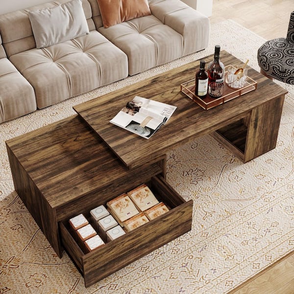 BYBLIGHT 47 in. Brown Rectangle Wood Extendable Coffee Table, 47
