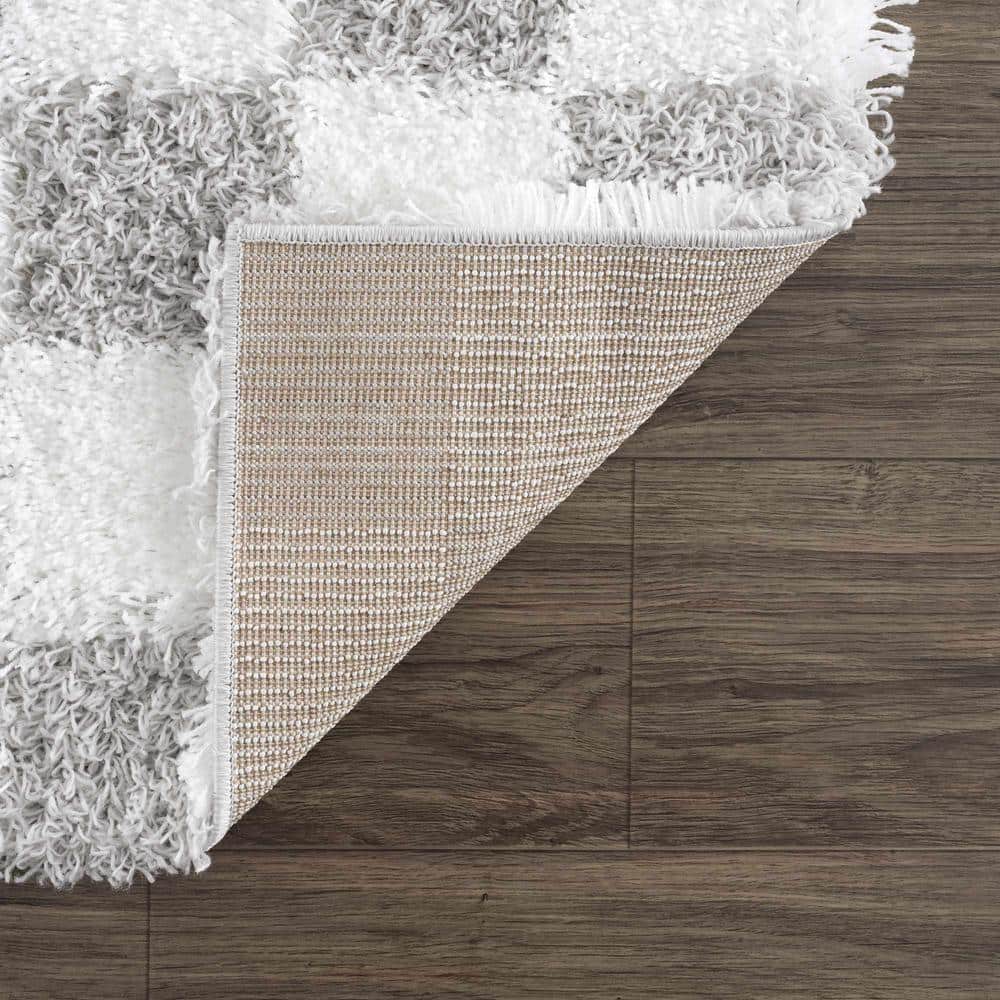 Atira Light Gray and Cream Checkered Shag Area Rug 5'3" x 7'3"
