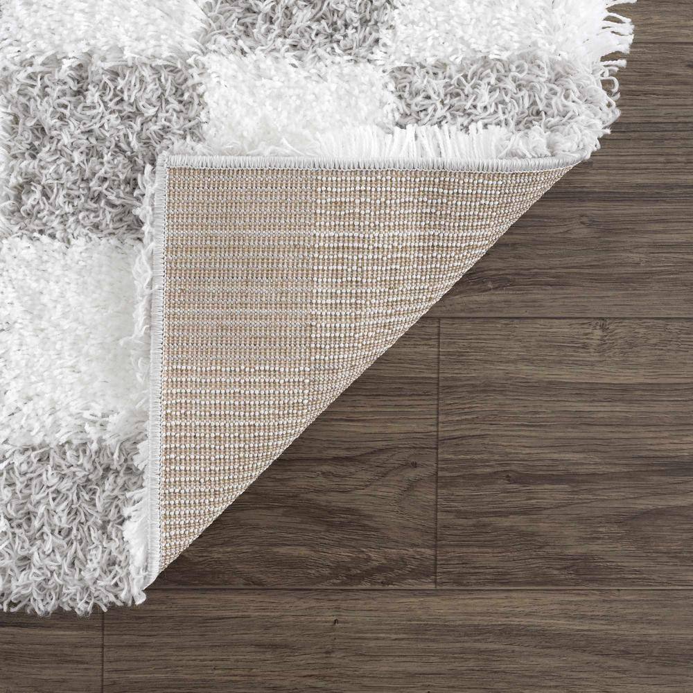 Light Gray and Cream Checkered Shag Synthetic Area Rug 7'10" x 10'3"