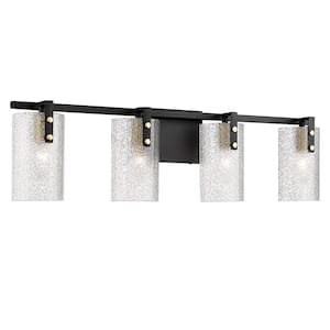Modern 28 in. 4 Light Black Vanity Light with Hammered Glass Shade