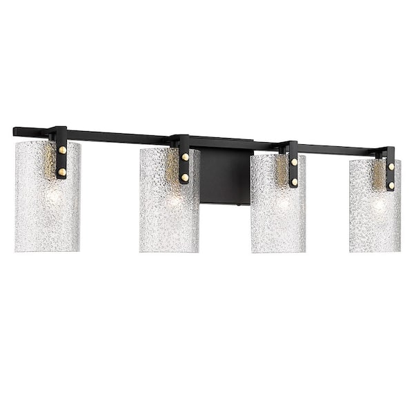 pasentel Modern 28 in. 4 Light Black Vanity Light with Hammered Glass Shade