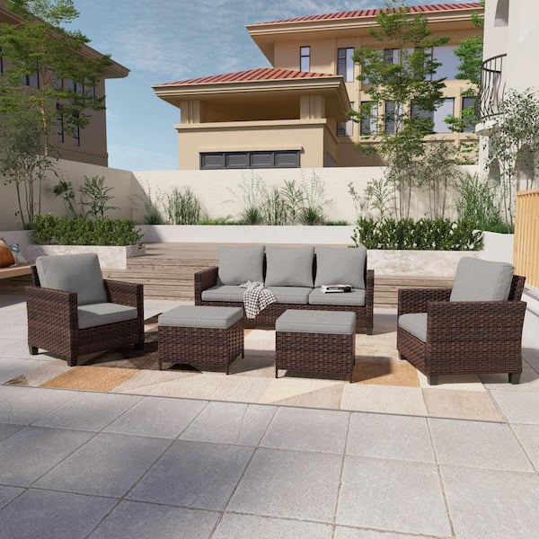 Sonkuki 5-Piece Brown Wicker Patio Sofa Set Outdoor Conversation Set with 3-Seat Sofa Ottomans, Linen Grey Cushions