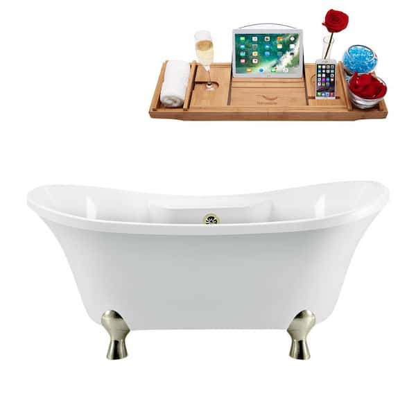 60 in. Acrylic Clawfoot Non-Whirlpool Bathtub in Glossy White With Brushed Nickel Clawfeet And Brushed Nickel Drain