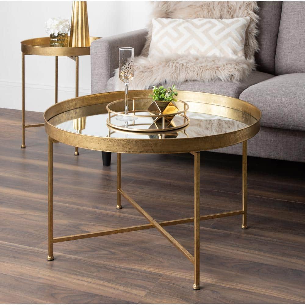 Celia Round Gold Metal Side Table with Mirrored Glass Top