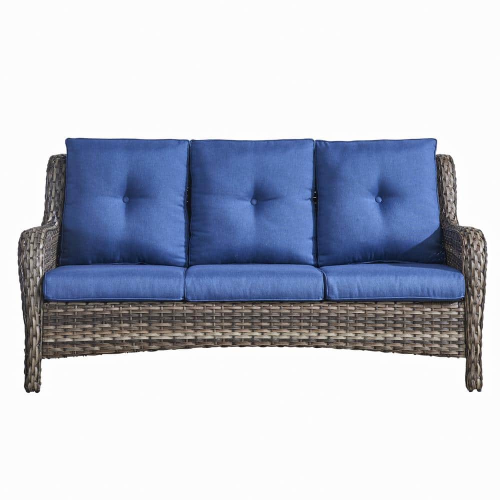 Joyside Patio Sofa, All Weather Outdoor Rattan Wicker 3-Seat Sofa High Back  Couch with Premium Cushions for Garden Backyard Porch(Brown/Light Blue)