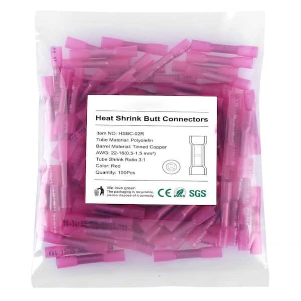 100Pcs 22-16 AWG Red Heat Shrink Butt Wire Connectors for Automotive and Marine