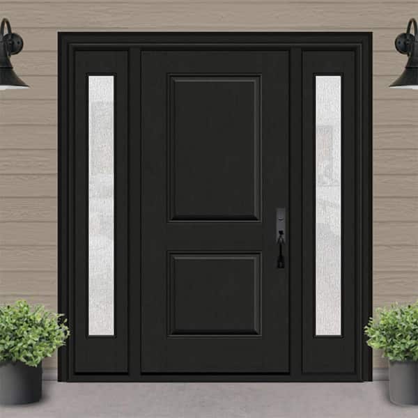 Regency 64 in. x 80 in. 2P Squaretop LHIS Onyx Stain Mahogany Fiberglass Prehung Front Door with Rain12 in. SLs 4-9/16
