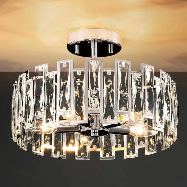 RRTYO Aanay 12.9 in. 5-Light Chrome Modern Industrial Cage Cylinder Drum Semi-Flush Mount Ceiling Light With Crystal Shade