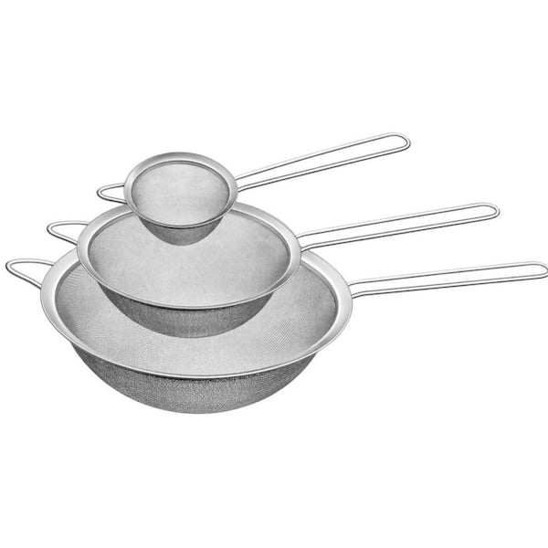 3-Piece Stainless Steel Fine Mesh Strainer with Long Handles for Multipurpose Kitchen Use for Sifting, Straining