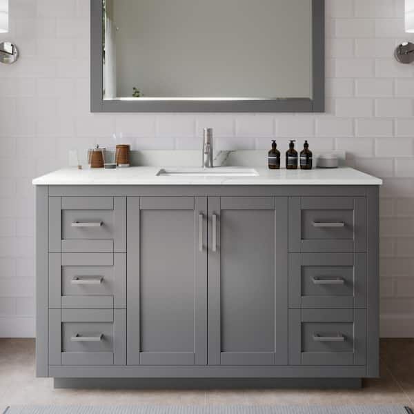 Wyndham Collection Miranda 54 in. W x 22 in. D x 33.75 in. H Single Bath Vanity in Dark Gray with Giotto Quartz Top and 46 in. Mirror