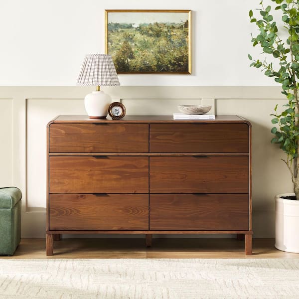 Walker Edison Furniture Company 6-Drawer Brown Modern Solid Pine Wood Dresser with Metal Pulls and Curved Design