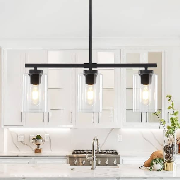 ZSMIHDOH 3-Light Black Modern Kitchen Island Light Fixture, Linear Chandelier Pendant Hanging Light with Clear Glass Shade