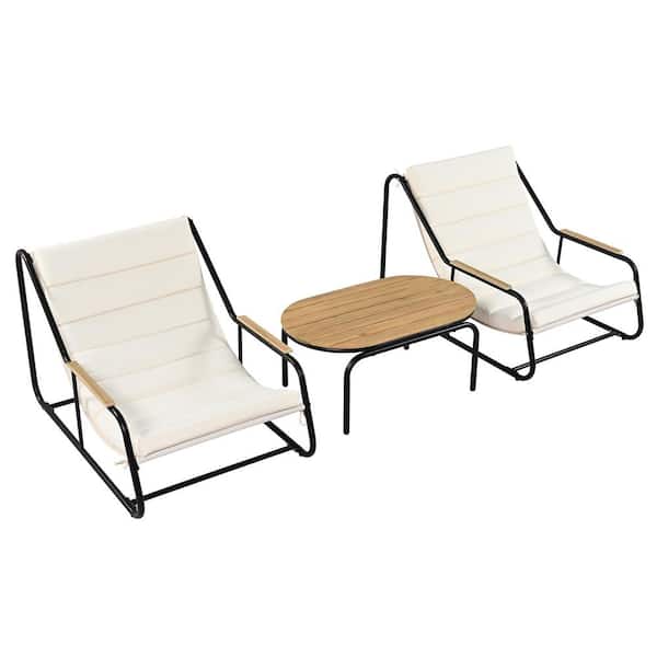 Sudzendf 3-Piece Black Metal Patio Conversation Set with Beige Cushions and Acacia Side Table