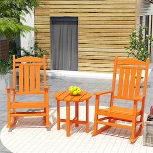 Laguna 3-Piece Classic Outdoor Patio Fade Resistant Plastic Rocking Chairs and Round  Side Table Set in Orange
