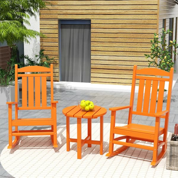 WESTIN OUTDOOR Laguna 3-Piece Classic Outdoor Patio Fade Resistant Plastic Rocking Chairs and Round  Side Table Set in Orange