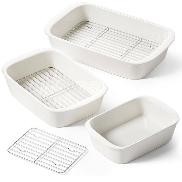 13.7 in. x 9. 6 in. Rectangular Ceramic Baking Pan Set with Roasting Racks and Handles for Kitchen Oven, White (3-Pack)