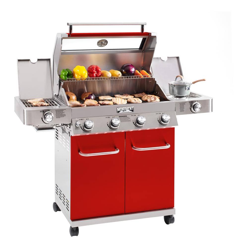 Red Stainless Steel 4-Burner Propane Gas Grill with Side Burner